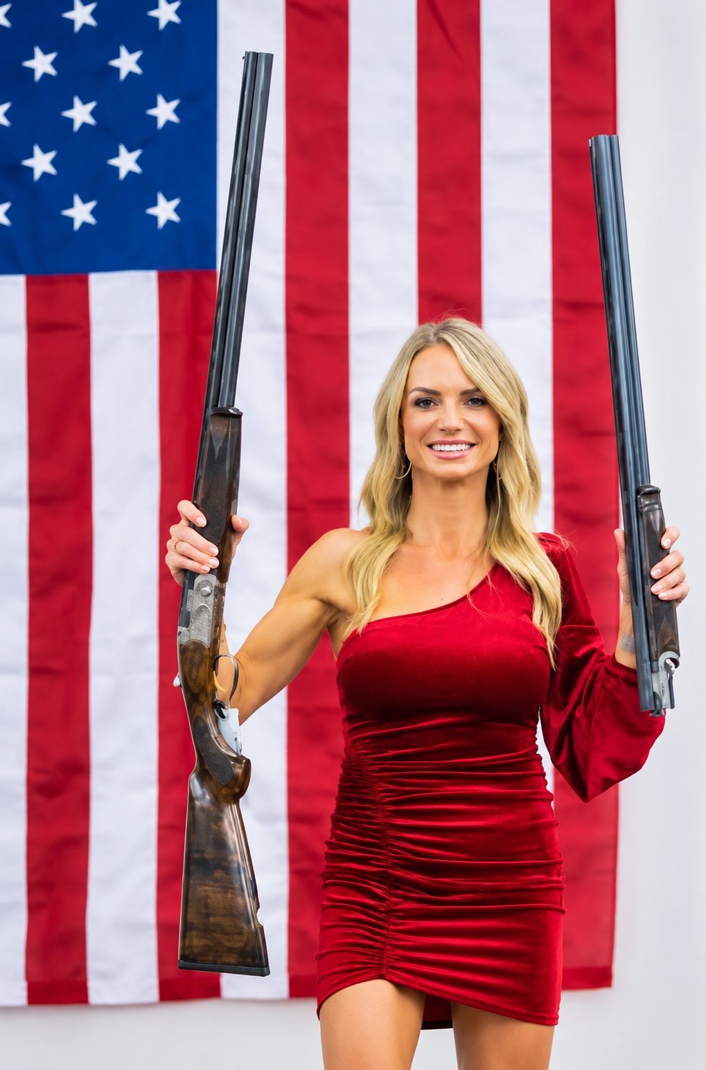 A Mandi's Model in a red velvet dress holding two shotguns in front of a large American flag